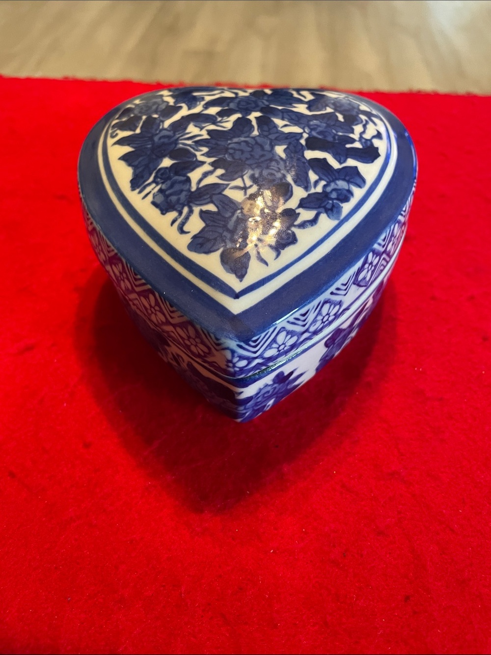 Vintage Blue and White Heart Porcelain Trinket Box - Elegant Home Art